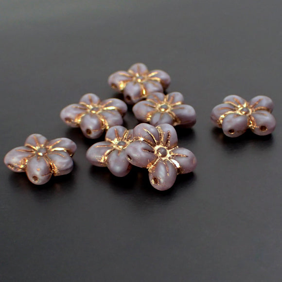 Two-Hole Flower Beads - Matte Purple with Dark Bronze Wash - Artisan Czech Pressed Glass - Flat Flower Beads - 6 Pieces