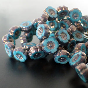 Blue Turquoise Silk with Bronze Finish Czech Glass Flower Beads