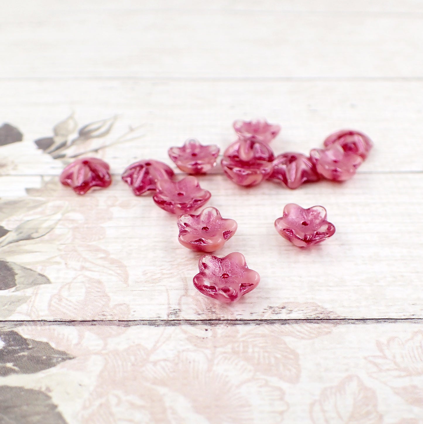 Pink Czech Flower Beads, 12 Pieces, 10x4mm Clear and Opaque Mix with Metallic Pink Wash