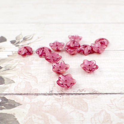Pink Czech Flower Beads, 12 Pieces, 10x4mm Clear and Opaque Mix with Metallic Pink Wash