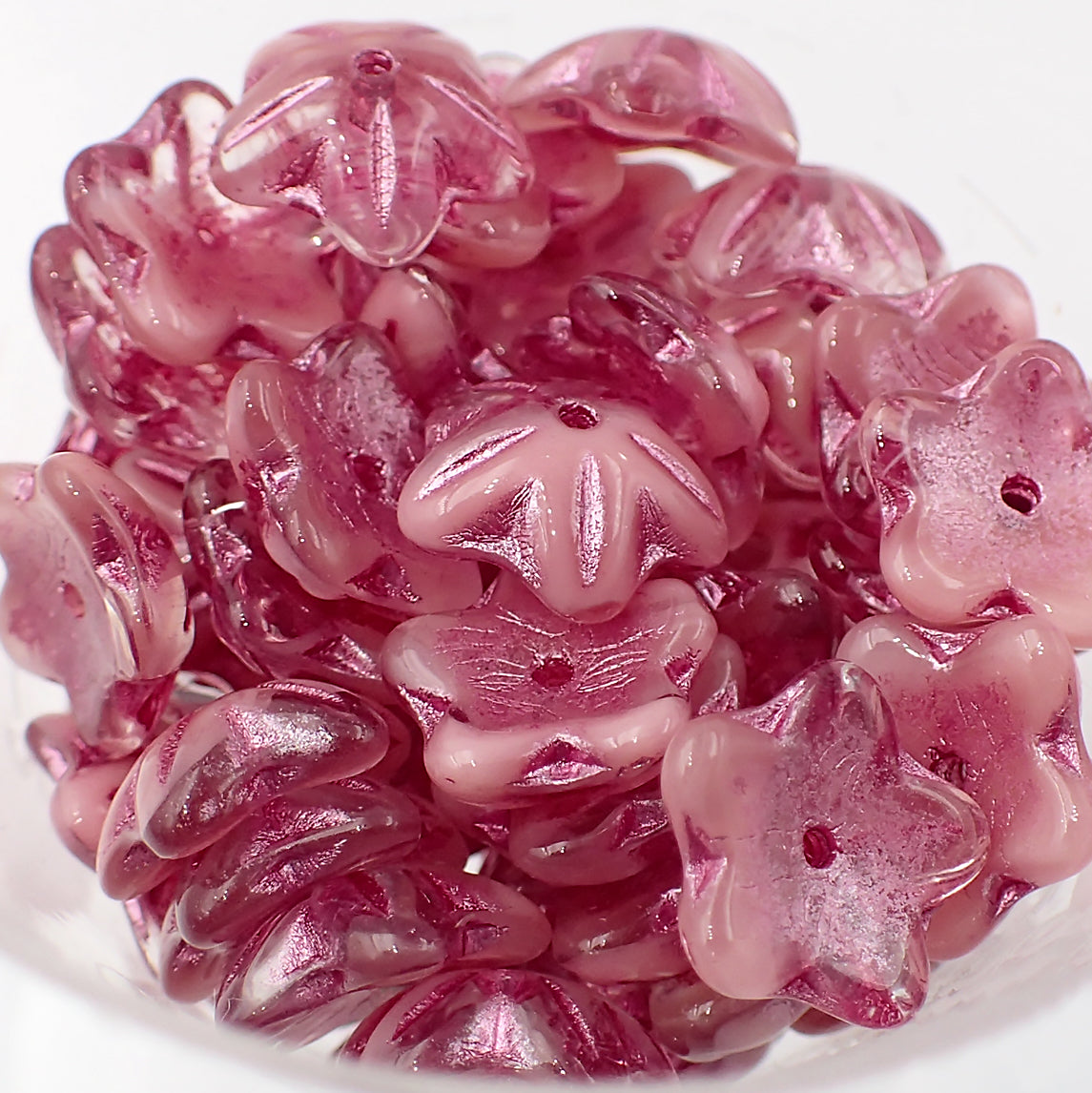 Pink Czech Flower Beads, 10x4mm Clear and Opaque Glass Mix with Metallic Pink Wash 