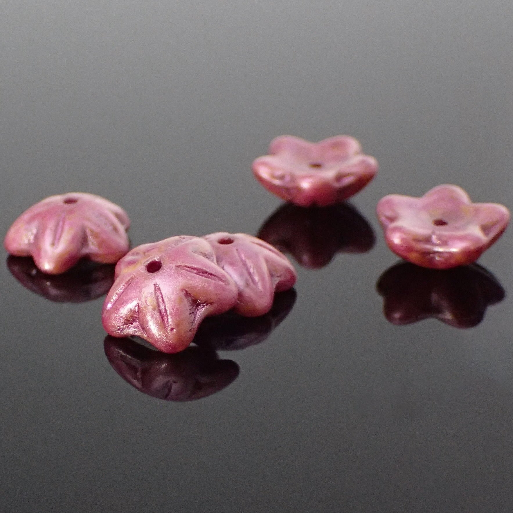 Pink Czech Flower Beads, 12 Pieces, 10x4mm Matte Metallic Mottled Pink