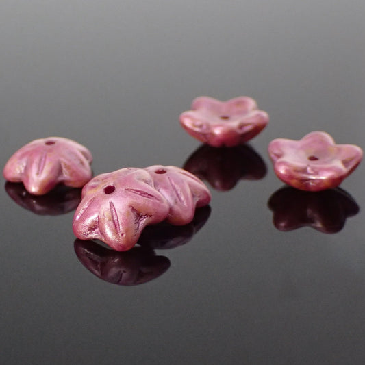 Pink Czech Flower Beads, 12 Pieces, 10x4mm Matte Metallic Mottled Pink