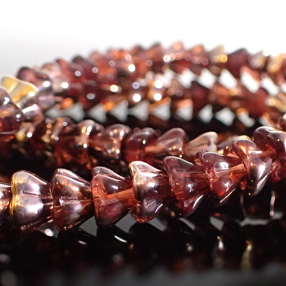 Artisan Czech Glass Bell Flower Beads, 20 Pieces 8x6mm, Dark Reddish Pink Capri Gold