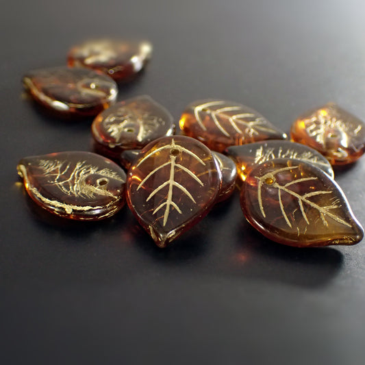 Dark Topaz Brown Leaf Beads with Metallic Gold Wash - Artisan Czech Pressed Glass - Pressed Autumn Fall Nature Beads - 18x13mm