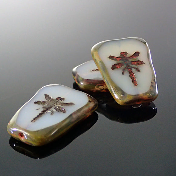Artisan Czech Glass Beads Table Cut Dragonfly Beads - Translucent Milky Off White with Picasso Finish 27x20mm