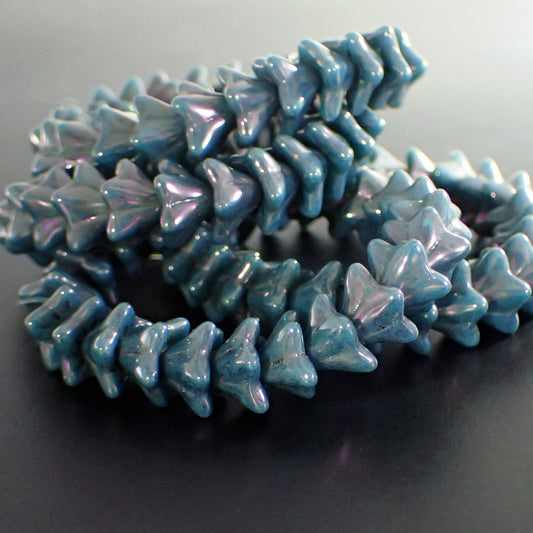 Artisan Czech Glass Flower Beads Teal with Purple Luster Pressed Glass 5-Petal Flowers 9x6mm