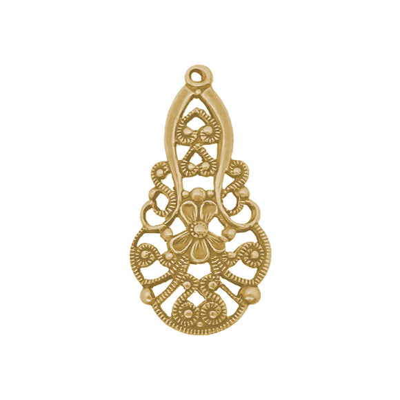 European Floral Filigree Pendant Drops - Raw Brass