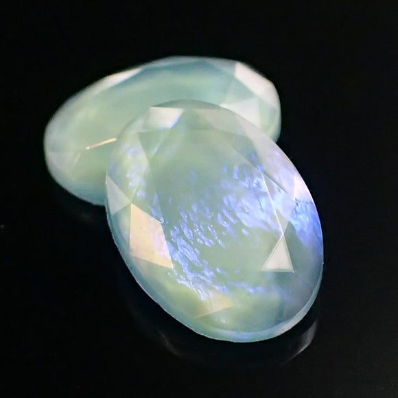 Rare Translucent Czech Glass Flat Back Stones - 18x13mm Oval Jewels with Faceted Tops Seafoam Green with Blue Dragon's Breath