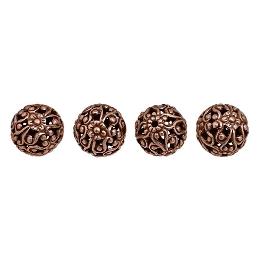 Exquisite Antique Copper-Plated Brass Floral Filigree Beads 10mm 4 Pieces