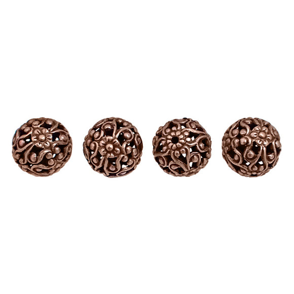 Exquisite Antique Copper-Plated Brass Floral Filigree Beads 10mm 4 Pieces