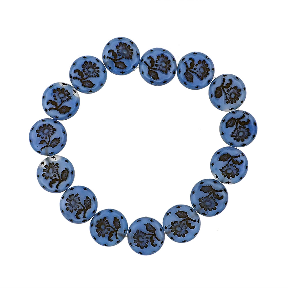 Blue Czech Glass Coin Beads with Daisy Flower Design Alice Blue Silk with Black Wash - Artisan Czech Pressed Glass Beads - 4 Pieces - 18mm