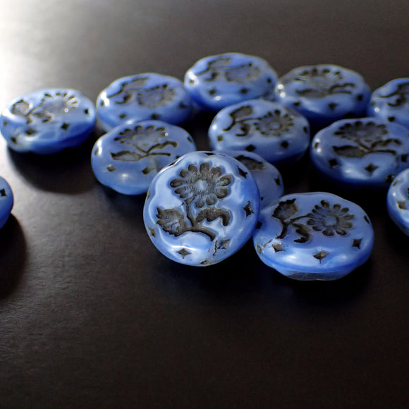 Blue Czech Glass Coin Beads with Daisy Flower Design Alice Blue Silk with Black Wash - Artisan Czech Pressed Glass Beads - 4 Pieces - 18mm