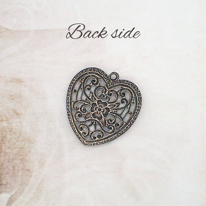 Romantic Floral Heart Filigree Pendant - Antiqued Brass Ox Jewelry Making Supplies