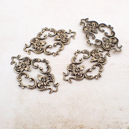 Victorian Style Filigree Connectors - Vintage Style Antiqued Brass Ox - Jewelry Making Supplies and Components - Brass Stampings - 4 Pieces
