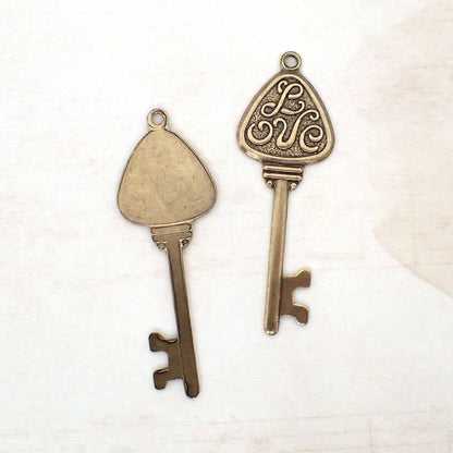 Love Key Brass Pendants - Antiqued Brass Ox Bronze Colored Key Charms with Hole and Flat Backs- USA Made Scrapbook Embellishments