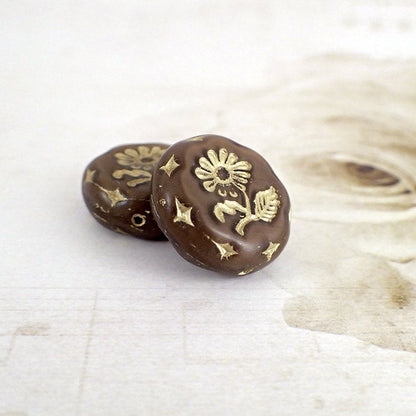 Rich Chocolate Brown and Gold Wash Large Czech Glass Coin Beads with Daisy Flower Design - Artisan Czech Pressed Glass Beads