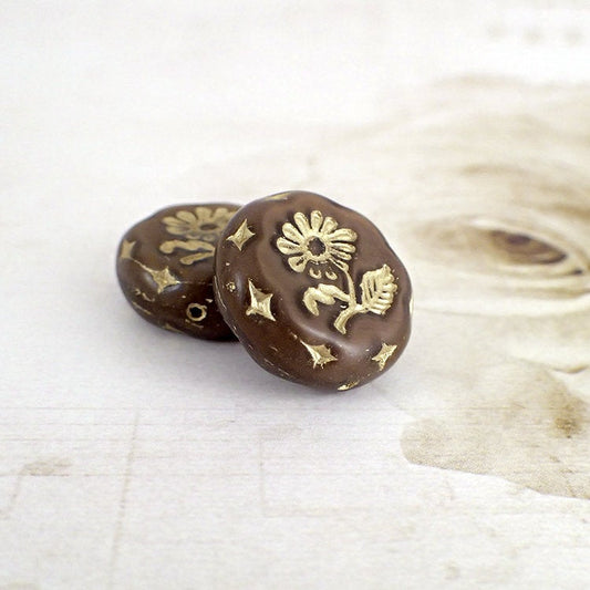 Rich Chocolate Brown and Gold Wash Large Czech Glass Coin Beads with Daisy Flower Design - Artisan Czech Pressed Glass Beads