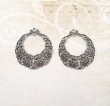 Filigree Hoops with Loop - Detailed Antiqued Silver Ox for Earrings - 2 Pieces - European Filigree Victorian French Renaissance Style