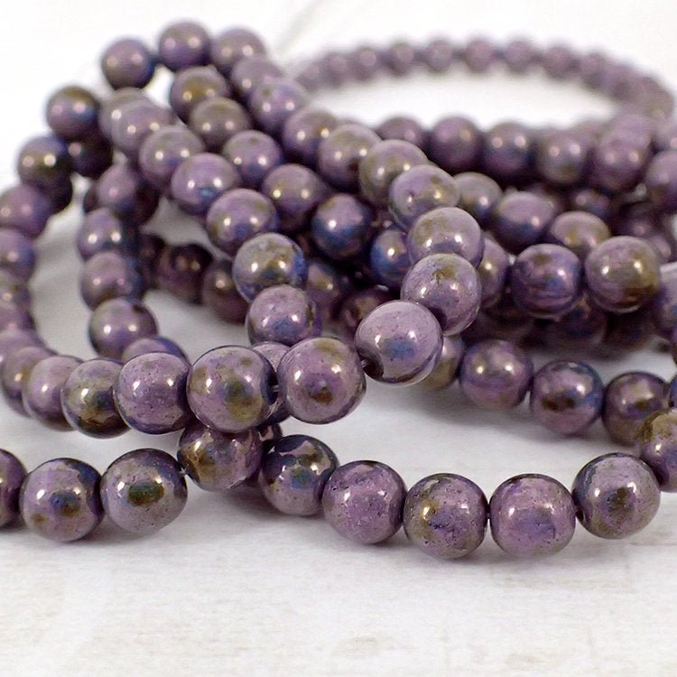 Czech Pressed Glass Beads - 6mm Smooth Round - Deep Purple Picasso