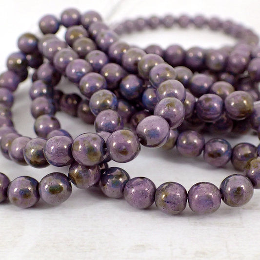 Czech Pressed Glass Beads - 6mm Smooth Round - Deep Purple Picasso