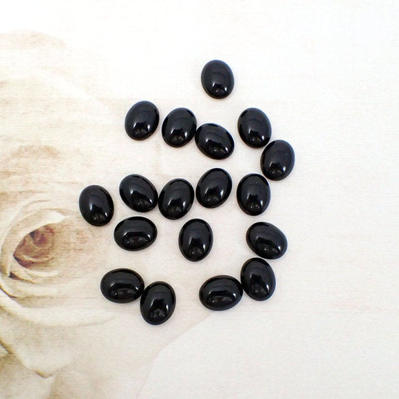 8 Pieces - 10x8mm Black Czech Glass Cabochons - Domed Oval Stones with Foil Backs - Jet Black Glass Cabs