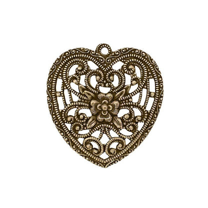 Romantic Floral Heart Filigree Pendant - Antiqued Brass Ox Jewelry Making Supplies