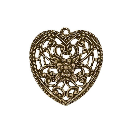 Romantic Floral Heart Filigree Pendant - Antiqued Brass Ox Jewelry Making Supplies