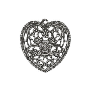 Floral Heart Shaped Filigree Pendant - Antiqued Silver Ox Jewelry Making Supplies - European Made with Flower Design - Victorian Style