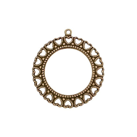 Round Frame Pendant with Hearts - Antiqued Brass Ox Frame of Hearts - Antique Vintage Style USA Made Nickel-Free