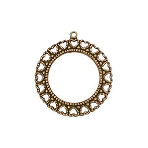Round Frame Pendant with Hearts - Antiqued Brass Ox Frame of Hearts - Antique Vintage Style USA Made Nickel-Free