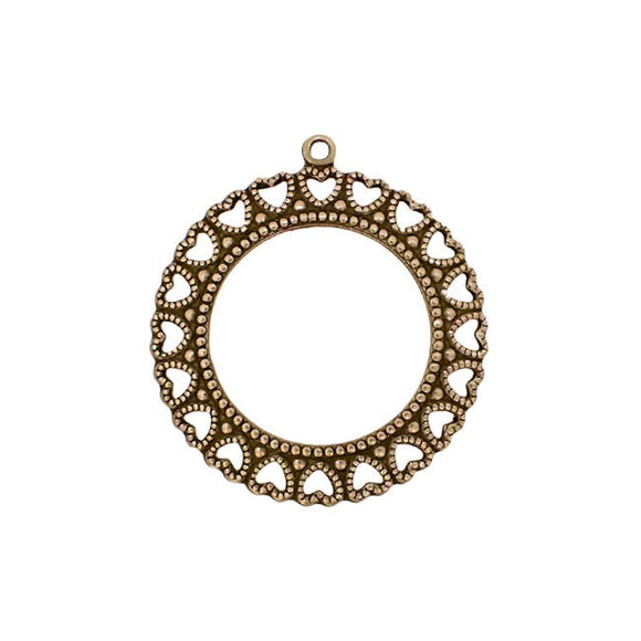 Round Frame Pendant with Hearts - Antiqued Brass Ox Frame of Hearts - Antique Vintage Style USA Made Nickel-Free