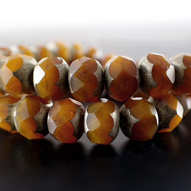 Rust Orange Artisan Czech Glass Rondelles - Topaz Brown Orange Mixed Matte with Antiqued Silver Patina