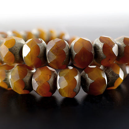 Rust Orange Artisan Czech Glass Rondelles - Topaz Brown Orange Mixed Matte with Antiqued Silver Patina