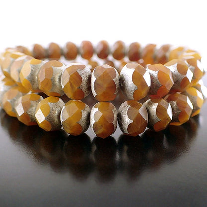 Rust Orange Artisan Czech Glass Rondelles - Topaz Brown Orange Mixed Matte with Antiqued Silver Patina