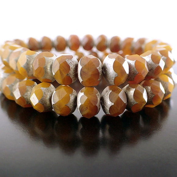 Rust Orange Artisan Czech Glass Rondelles - Topaz Brown Orange Mixed Matte with Antiqued Silver Patina