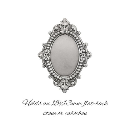 Silver Ox Antique Style Setting for 18x13mm Oval Flat Back Stones and Cabochons - Nickel Free for Victorian Renaissance Designs - 2 Pieces