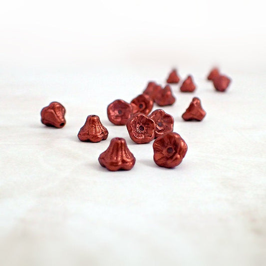 Czech Glass Cup Flower Beads 7x5mm - 25 Pieces - Small 7mm Bell Flowers Matte Bright Dark Copper