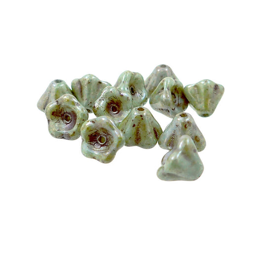Czech Glass Bell Flower Beads - Chalk White Green Luster - 25 Pieces 8x6mm 8mm Flower Beads - Light Rustic Green