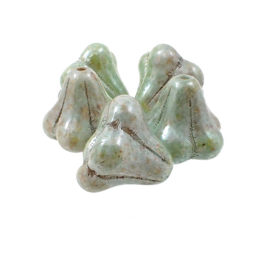 Large Czech Glass Bell Flower Beads - Chalk White Green Luster - 6 Pieces 13x11mm Flower Beads - Light Pastel Rustic Green