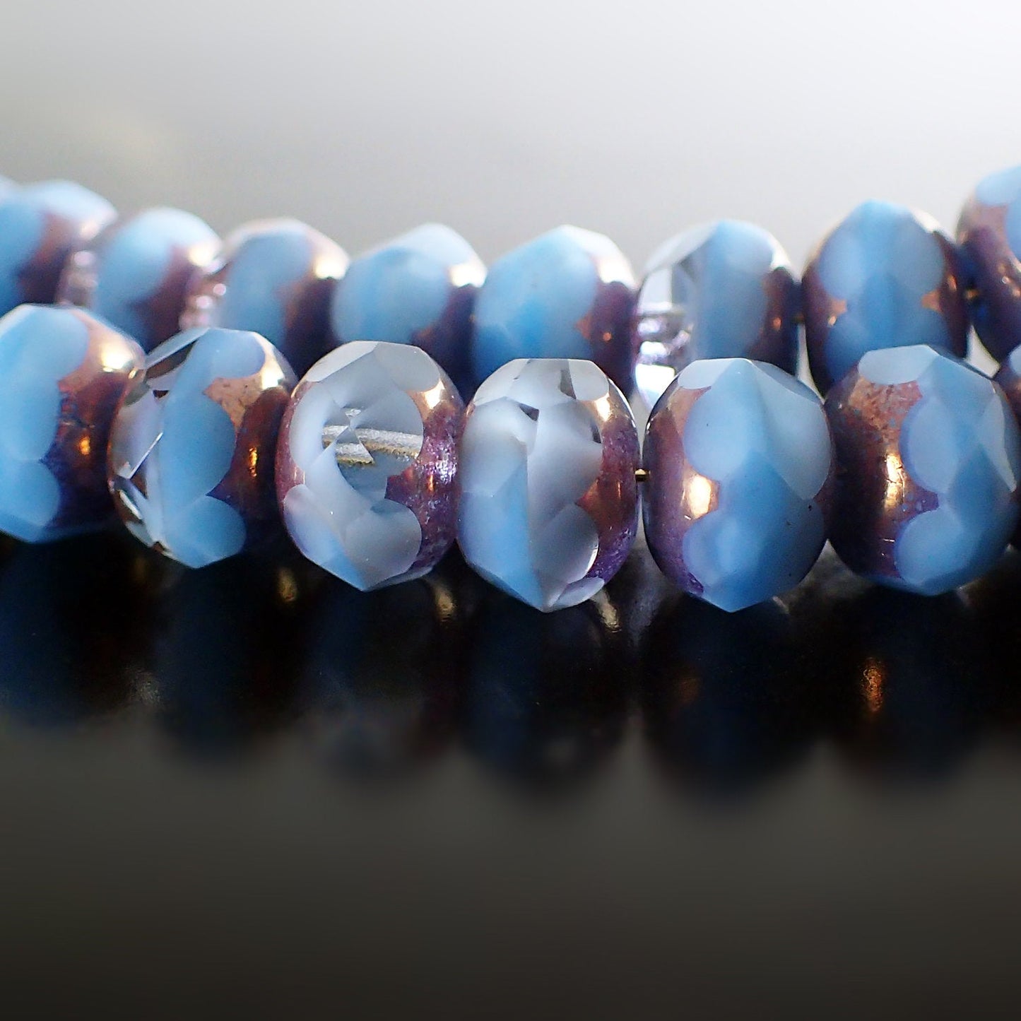 Sky Blue Silk Artisan Czech Glass Rondelles - Light Blue Crystal Mix with Purple Bronze Patina Luster Finish - 9x6mm 9mm - 25 Pieces