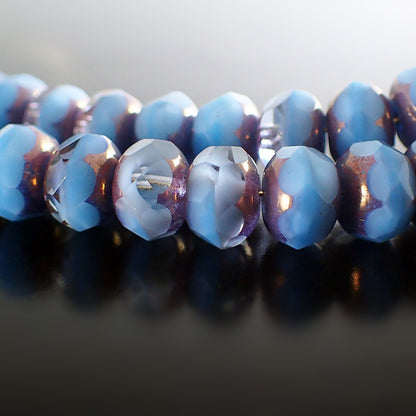 Sky Blue Silk Artisan Czech Glass Rondelles - Light Blue Crystal Mix with Purple Bronze Patina Luster Finish - 9x6mm 9mm - 25 Pieces