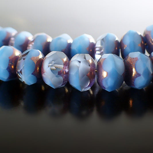Sky Blue Silk Artisan Czech Glass Rondelles - Light Blue Crystal Mix with Purple Bronze Patina Luster Finish - 9x6mm 9mm - 25 Pieces