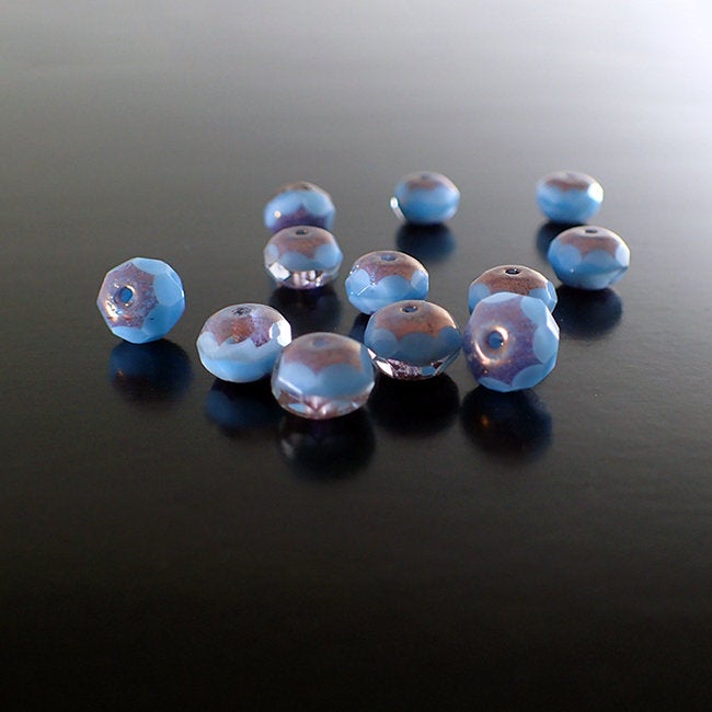 Sky Blue Silk Artisan Czech Glass Rondelles - Light Blue Crystal Mix with Purple Bronze Patina Luster Finish - 9x6mm 9mm - 25 Pieces