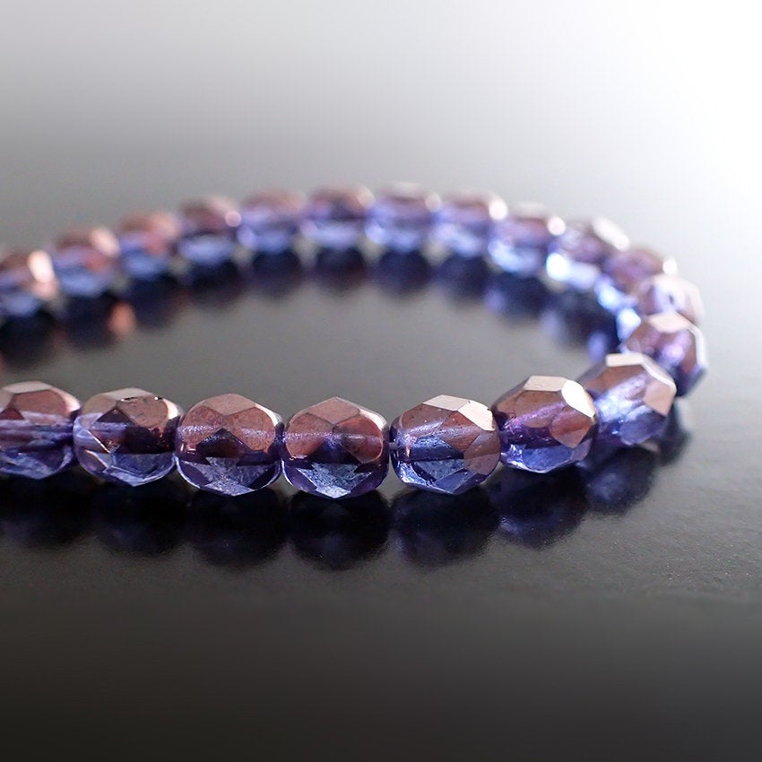 Transparent Amethyst Luster Czech Fire Polished Glass Beads - 6mm Beads 25 Pieces - Purple Lumi Lustered Beads