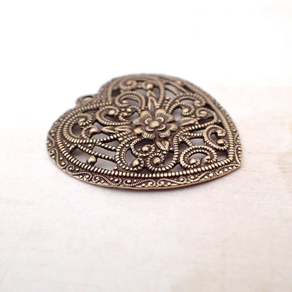 Romantic Floral Heart Filigree Pendant - Antiqued Brass Ox Jewelry Making Supplies