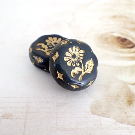 Dark Denim Blue and Gold Wash Large Czech Glass Coin Beads with Daisy Flower Design