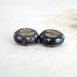 Dark Denim Blue and Gold Wash Large Czech Glass Coin Beads with Daisy Flower Design