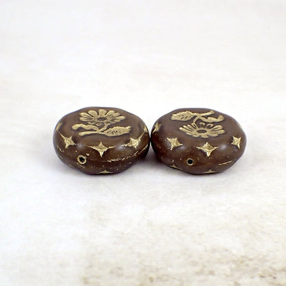 Rich Chocolate Brown and Gold Wash Large Czech Glass Coin Beads with Daisy Flower Design - Artisan Czech Pressed Glass Beads