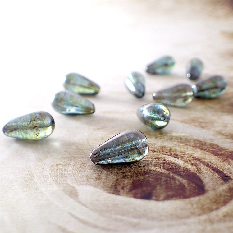 Lumi Green Luster Teardrops - 16 Pressed Glass Beads 15x8mm Rustic Mottled Finish for Jewelry Making - 15mm Tear Drops